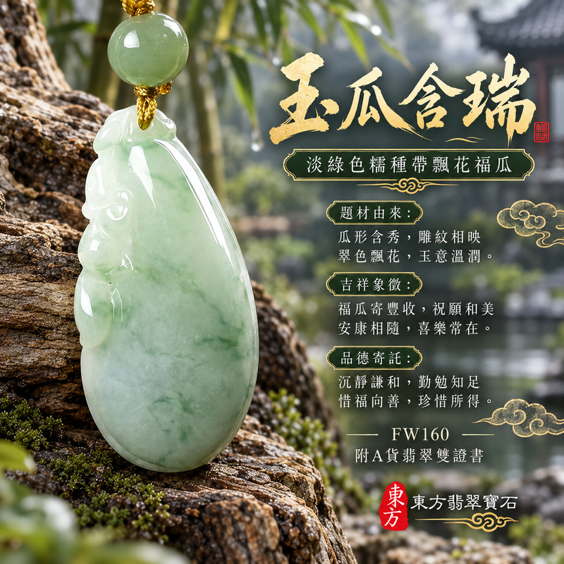 已售出可訂做｜翡翠福瓜項鍊玉珮｜福氣綿延・豐收圓滿・吉祥安泰｜天然A貨翡翠・緬甸玉・糯種・淡綠色・帶飄花｜福運連綿｜福瓜玉珮・福瓜玉墜・福瓜吊墜・福瓜項鍊｜FW160｜客製化訂做福瓜玉珮、福瓜玉墜、福瓜吊墜、福瓜項鍊｜附A貨翡翠雙證書