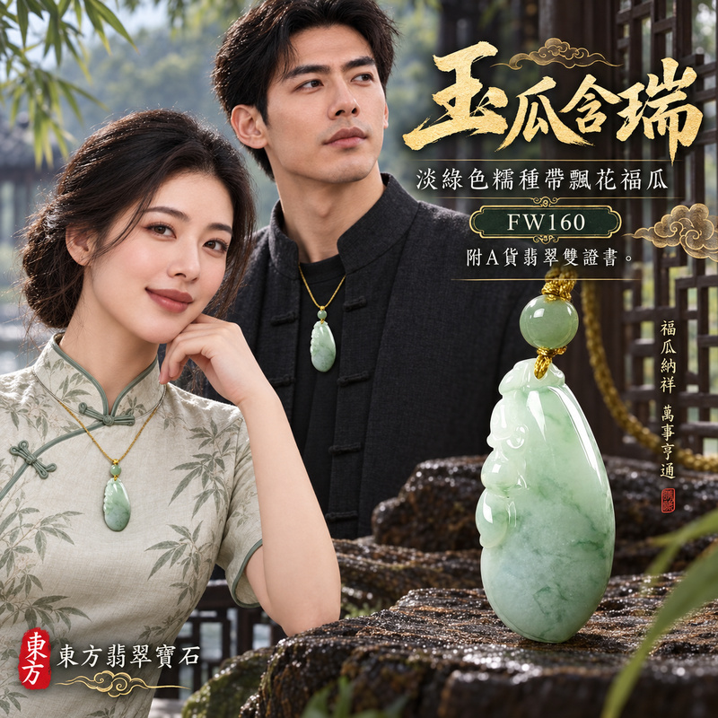 已售出可訂做｜翡翠福瓜項鍊玉珮｜福氣綿延・豐收圓滿・吉祥安泰｜天然A貨翡翠・緬甸玉・糯種・淡綠色・帶飄花｜福運連綿｜福瓜玉珮・福瓜玉墜・福瓜吊墜・福瓜項鍊｜FW160｜客製化訂做福瓜玉珮、福瓜玉墜、福瓜吊墜、福瓜項鍊｜附A貨翡翠雙證書