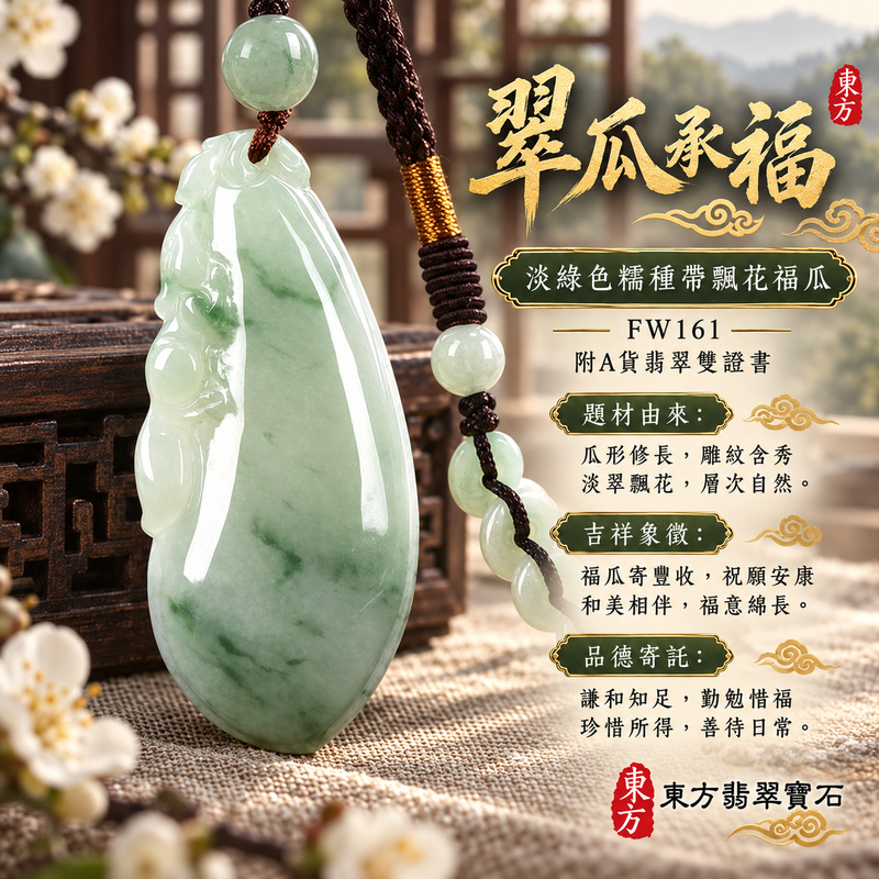 翡翠福瓜項鍊玉珮｜福氣綿延・豐收圓滿・吉祥安泰｜天然A貨翡翠・緬甸玉・糯種・淡綠色・帶飄花｜福運連綿｜福瓜玉珮・福瓜玉墜・福瓜吊墜・福瓜項鍊｜FW161｜客製化訂做福瓜玉珮、福瓜玉墜、福瓜吊墜、福瓜項鍊｜附A貨翡翠雙證書