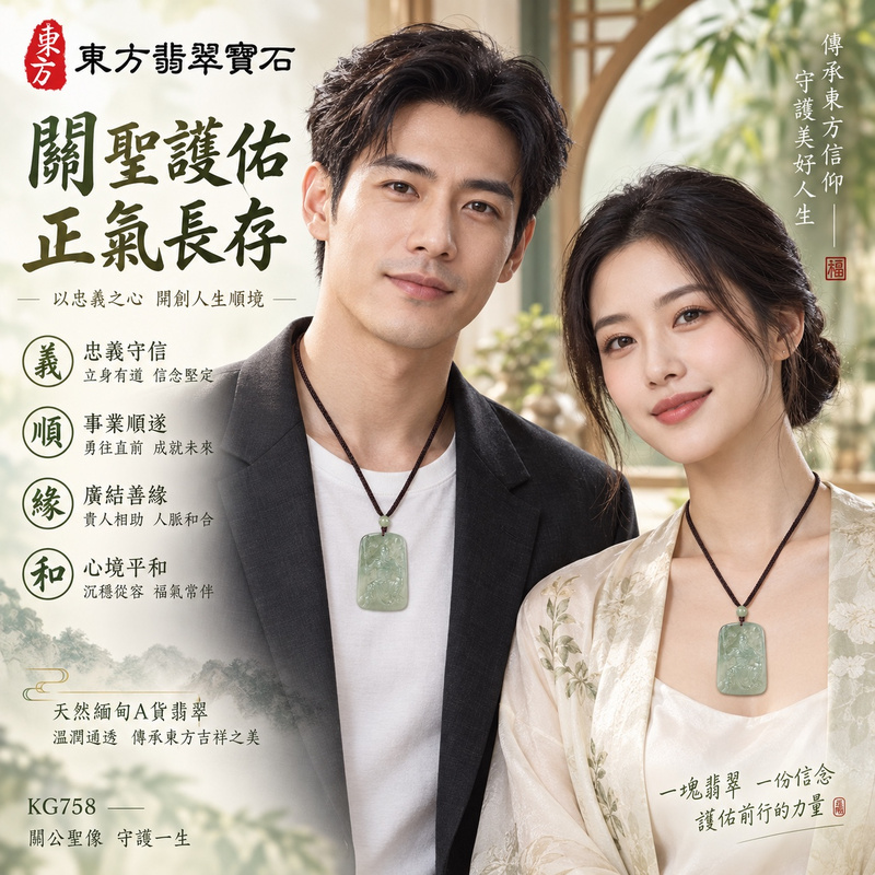 翡翠關公項鍊玉珮｜關聖帝君端坐持刀・義氣守正・穩心聚勢｜A貨翡翠淡青綠玉色・溫潤透光・方牌精雕｜緬甸玉關公玉墜・關公牌玉珮KG758｜客製化訂做各式翡翠關公吊墜玉珮項鍊｜附A貨翡翠雙證書2