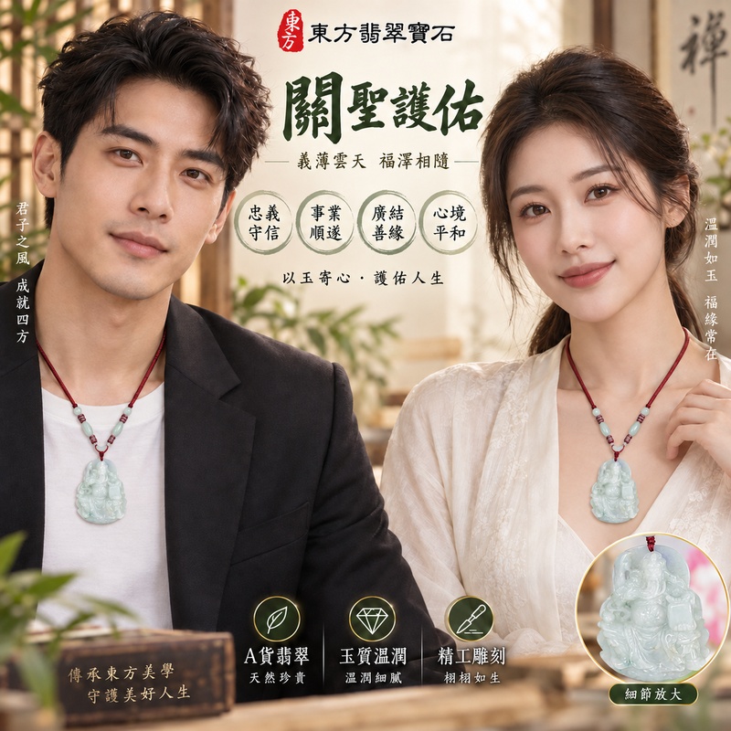 翡翠關公項鍊玉珮｜關聖帝君端坐聚威・守義納福・定業興旺｜A貨翡翠青白柔潤玉色・厚實溫雅・圓潤立體雕件｜緬甸玉關公玉墜・關公牌玉珮KG773｜客製化訂做各式翡翠關公吊墜玉珮項鍊｜附A貨翡翠雙證書2