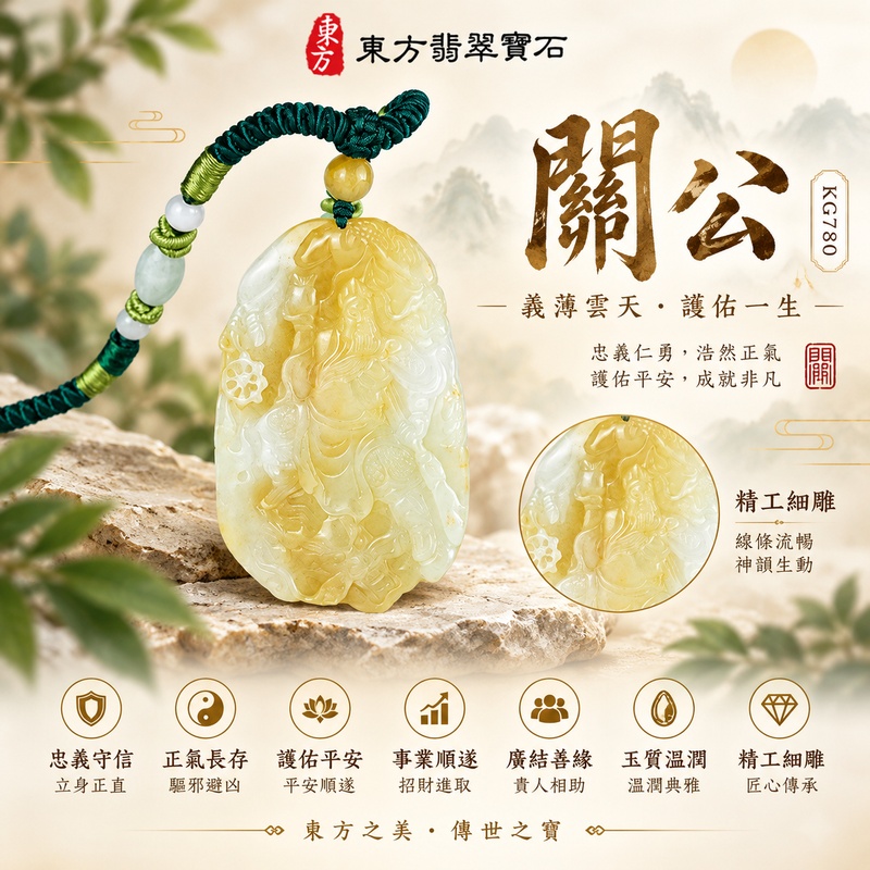 翡翠關公項鍊玉珮|關聖帝君立身凝威・守義進祿・福業綿長|A貨翡翠黃白青潤玉色・柔透雅緻・祥紋隨形薄雕|緬甸玉關公玉墜・關公牌玉珮KG780|客製化訂做各式翡翠關公吊墜玉珮項鍊|附A貨翡翠雙證書1 翡翠關公項鍊玉珮|關聖帝君立身凝威・守義進祿・福業綿長|A貨翡翠黃白青潤玉色・柔透雅緻・祥紋隨形薄雕|緬甸玉關公玉墜・關公牌玉珮KG780|客製化訂做各式翡翠關公吊墜玉珮項鍊|附A貨翡翠雙證書1
