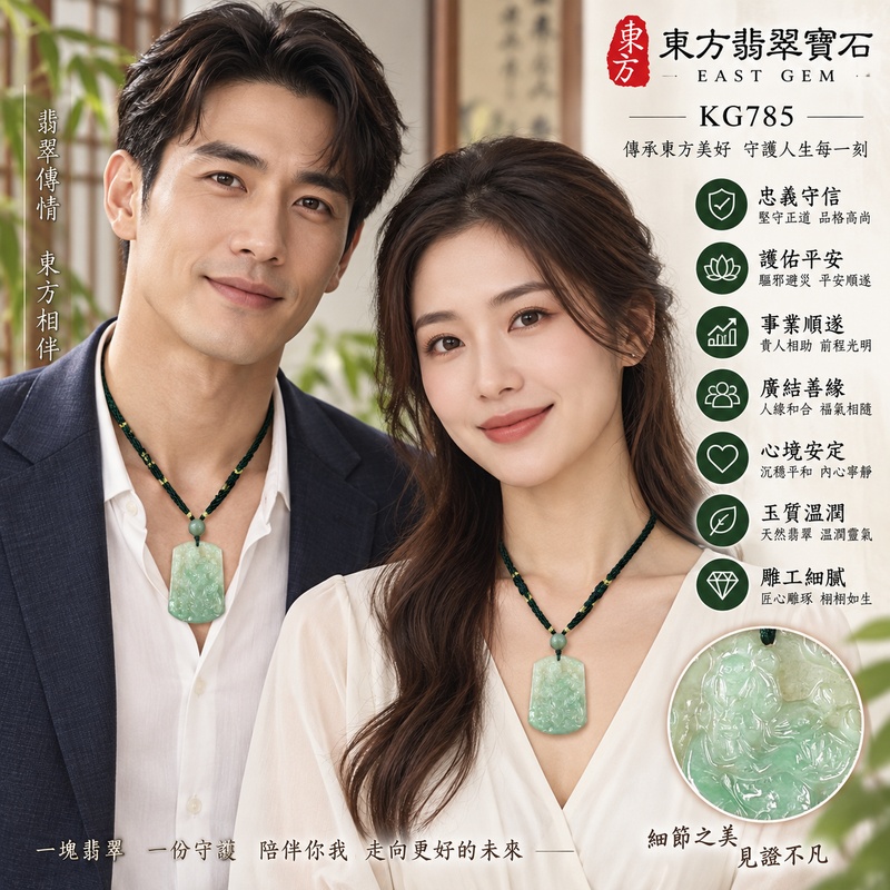 翡翠關公項鍊玉珮｜關聖帝君威立鎮守・守義固業・穩福長承｜A貨翡翠淡青翠綠玉色・柔潤微透・瑞紋人物浮雕｜緬甸玉關公玉墜・關公牌玉珮KG785｜客製化訂做各式翡翠關公吊墜玉珮項鍊｜附A貨翡翠雙證書2