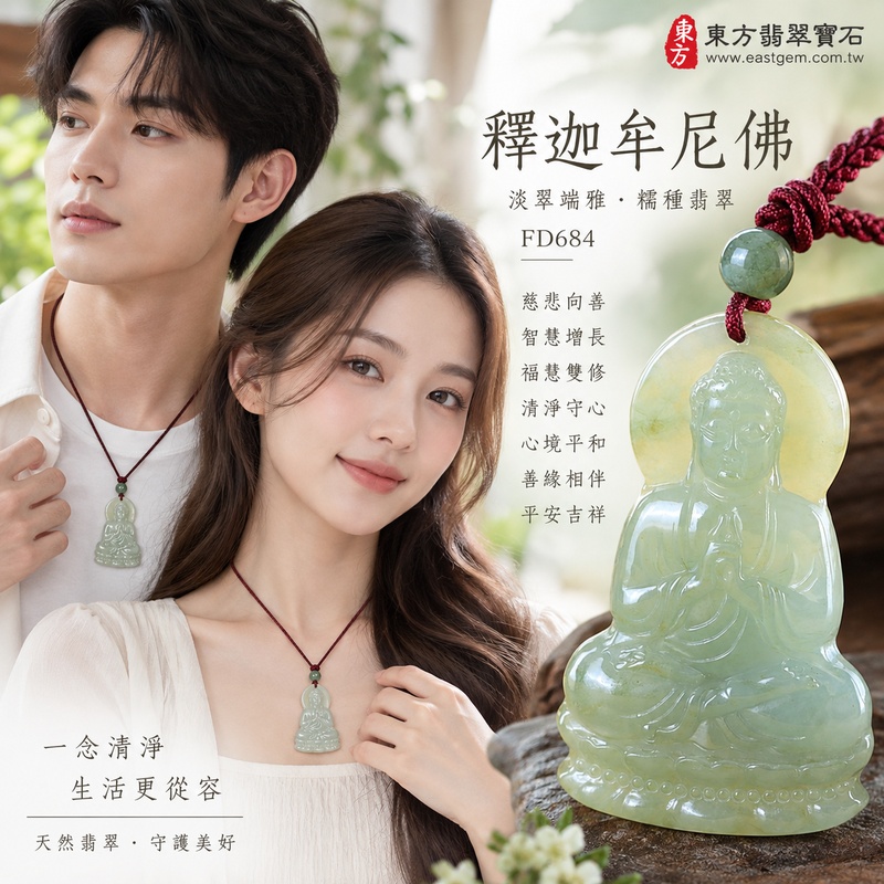 淡翠端雅糯種釋迦牟尼佛翡翠玉珮｜FD684｜佛祖天然A貨緬甸玉項鍊吊墜・淡綠玉色清新柔雅・糯種玉質溫潤綿密・天然玉韻柔和含蓄・佛教題材寄託慈悲善念｜寓意慈悲向善、智慧增長、福慧雙修、清淨守心、心境平和、善緣相伴、平安吉祥｜可客製訂做各式翡翠釋迦牟尼佛吊墜玉珮項鍊｜附A貨翡翠雙證書2