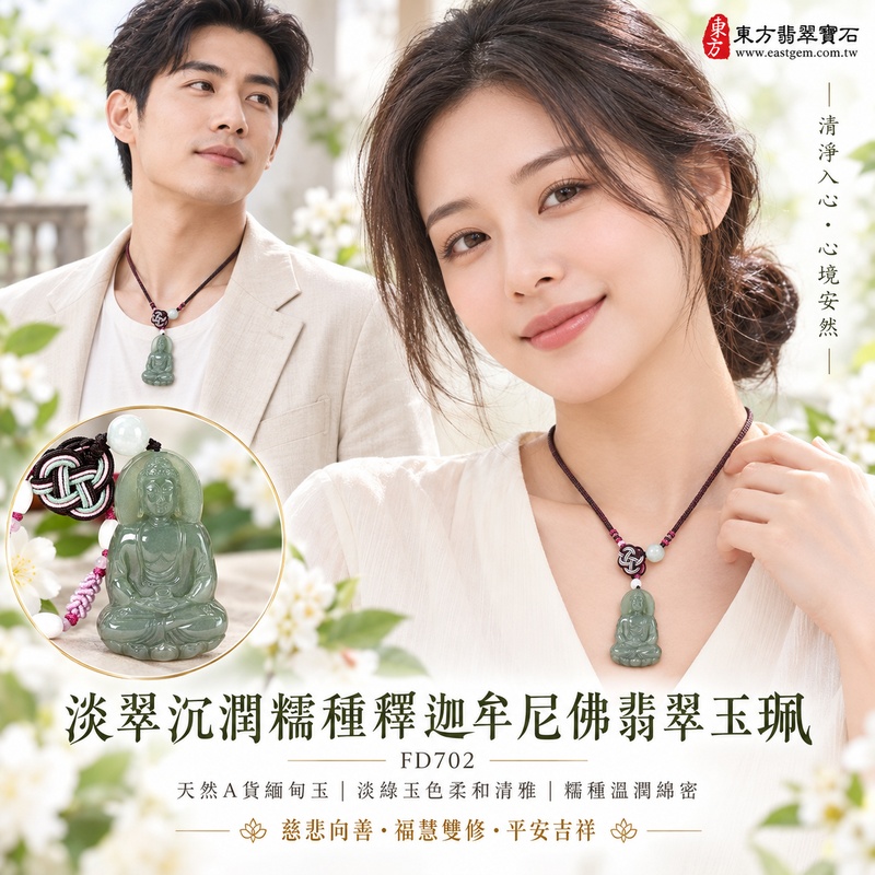 淡翠沉潤糯種釋迦牟尼佛翡翠玉珮｜FD702｜佛祖天然A貨緬甸玉項鍊吊墜・淡綠玉色柔和清雅・糯種玉質溫潤綿密・沉穩玉韻自然含蓄｜寓意慈悲向善、智慧增長、福慧雙修、清淨守心、善緣相伴、心境平和、平安吉祥｜可客製訂做各式翡翠釋迦牟尼佛吊墜玉珮項鍊｜附A貨翡翠雙證書2