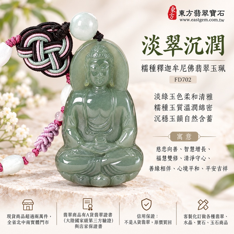 淡翠沉潤糯種釋迦牟尼佛翡翠玉珮｜FD702｜佛祖天然A貨緬甸玉項鍊吊墜・淡綠玉色柔和清雅・糯種玉質溫潤綿密・沉穩玉韻自然含蓄｜寓意慈悲向善、智慧增長、福慧雙修、清淨守心、善緣相伴、心境平和、平安吉祥｜可客製訂做各式翡翠釋迦牟尼佛吊墜玉珮項鍊｜附A貨翡翠雙證書1