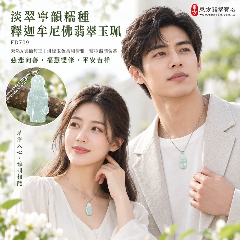 淡翠寧韻糯種釋迦牟尼佛翡翠玉珮｜FD709｜佛祖天然A貨緬甸玉項鍊吊墜・淡綠玉色柔和清雅・糯種玉質溫潤含蓄・天然玉韻沉靜雅緻｜寓意慈悲向善、智慧增長、福慧雙修、清淨守心、善緣相伴、心境平和、平安吉祥｜可客製訂做各式翡翠釋迦牟尼佛吊墜玉珮項鍊｜附A貨翡翠雙證書2