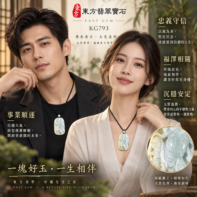 翡翠關公項鍊玉珮｜關聖帝君威鎮四方・守義聚勢・厚福安業｜A貨翡翠青白帶褐玉色・厚實凝潤・大器立體雕件｜緬甸玉關公玉墜・關公牌玉珮KG793｜客製化訂做各式翡翠關公吊墜玉珮項鍊｜附A貨翡翠雙證書2