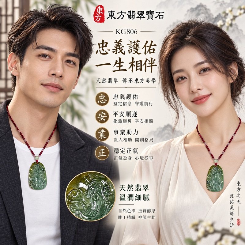 翡翠關公項鍊玉珮 關聖帝君威儀立姿 忠義鎮守 守信護業 A貨翡翠深青綠油潤色調 沉穩厚實 立體精雕 緬甸玉關公玉墜 關公牌玉珮KG806 客製化訂做各式翡翠關公吊墜玉珮項鍊 附A貨翡翠雙證書2