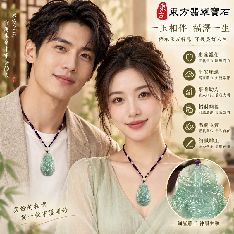 翡翠關公項鍊玉珮 關聖帝君持刀立姿 龍紋護持 忠義守信 A貨翡翠青綠柔潤色調 玉質細膩 立體精雕 緬甸玉關公玉墜 關公牌玉珮KG809 客製化訂做各式翡翠關公吊墜玉珮項鍊 附A貨翡翠雙證書2