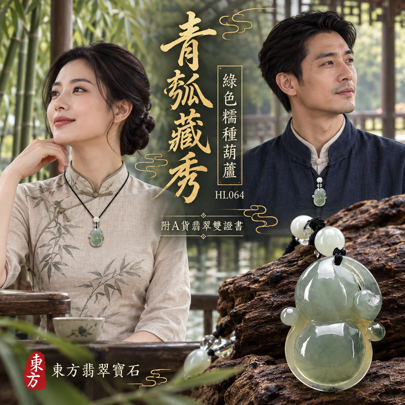 翡翠葫蘆項鍊玉珮｜福祿相隨・平安吉祥・家業興旺｜天然A貨翡翠・緬甸玉・糯種・綠色｜葫蘆有福｜葫蘆玉珮・葫蘆玉墜・葫蘆吊墜・葫蘆項鍊｜HL064｜客製化訂做葫蘆玉珮、葫蘆玉墜、葫蘆吊墜、葫蘆項鍊｜附A貨翡翠雙證書
