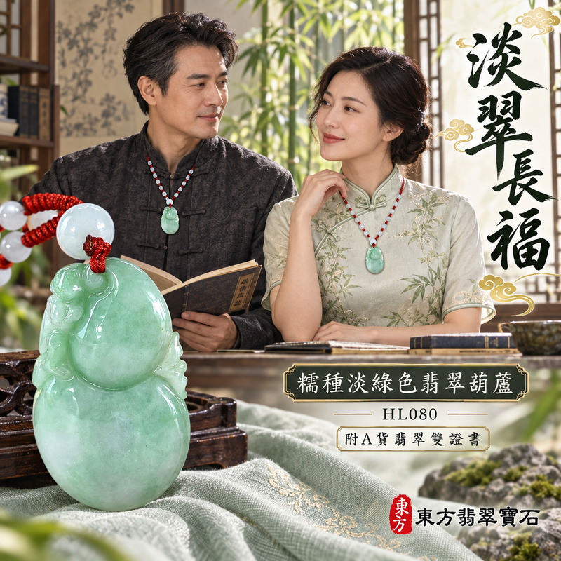已售出可訂做｜翡翠葫蘆項鍊玉珮｜福祿相隨・平安吉祥・家業興旺｜天然A貨翡翠・緬甸玉・糯種・淡綠色｜葫蘆有福｜葫蘆玉珮・葫蘆玉墜・葫蘆吊墜・葫蘆項鍊｜HL080｜客製化訂做葫蘆玉珮、葫蘆玉墜、葫蘆吊墜、葫蘆項鍊｜附A貨翡翠雙證書