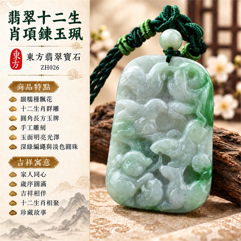翡翠十二生肖群雕項鍊玉珮|家人同心・歲序圓滿・吉祥相伴・親情祝願・珍藏故事|細糯種飄花・十二生肖群雕・圓角長方玉牌・手工雕刻・玉面明亮光澤・深綠編繩與淡色圓珠|緬甸A貨翡翠|東方翡翠寶石 ZH026|可客製訂做翡翠十二生肖項鍊|附A貨翡翠雙證書 1 翡翠十二生肖群雕項鍊玉珮|家人同心・歲序圓滿・吉祥相伴・親情祝願・珍藏故事|細糯種飄花・十二生肖群雕・圓角長方玉牌・手工雕刻・玉面明亮光澤・深綠編繩與淡色圓珠|緬甸A貨翡翠|東方翡翠寶石 ZH026|可客製訂做翡翠十二生肖項鍊|附A貨翡翠雙證書 1