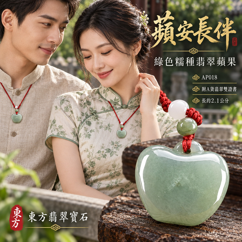 翡翠蘋果項鍊玉珮｜平平安安・圓滿順遂・真摯祝福｜天然A貨翡翠・緬甸玉・糯種・綠色｜平平安安｜蘋果玉珮・蘋果玉墜・蘋果吊墜・蘋果項鍊｜AP018｜客製化訂做蘋果玉珮、蘋果玉墜、蘋果吊墜、蘋果項鍊｜附A貨翡翠雙證書