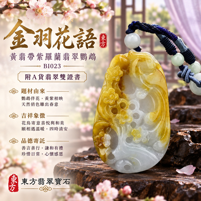 翡翠鸚鵡項鍊玉珮｜聰慧靈巧・美好相伴・吉祥如意｜天然A貨翡翠・緬甸玉・黃翡・紫羅蘭・帶紫｜英姿勃發｜鸚鵡玉珮・鸚鵡玉墜・鸚鵡吊墜・鸚鵡項鍊｜BI023｜客製化訂做鸚鵡玉珮、鸚鵡玉墜、鸚鵡吊墜、鸚鵡項鍊｜附A貨翡翠雙證書