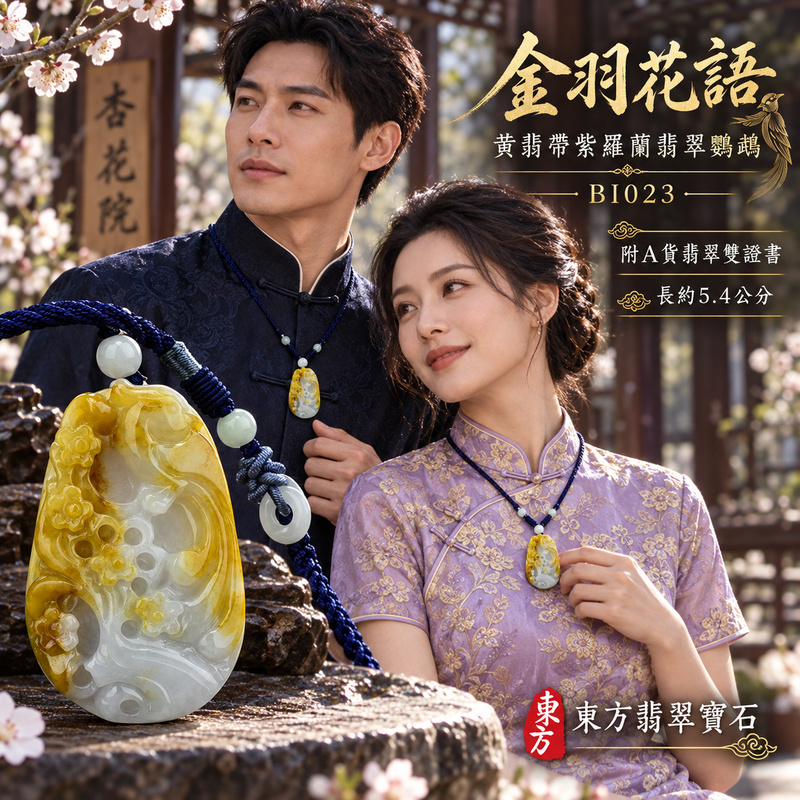 翡翠鸚鵡項鍊玉珮｜聰慧靈巧・美好相伴・吉祥如意｜天然A貨翡翠・緬甸玉・黃翡・紫羅蘭・帶紫｜英姿勃發｜鸚鵡玉珮・鸚鵡玉墜・鸚鵡吊墜・鸚鵡項鍊｜BI023｜客製化訂做鸚鵡玉珮、鸚鵡玉墜、鸚鵡吊墜、鸚鵡項鍊｜附A貨翡翠雙證書