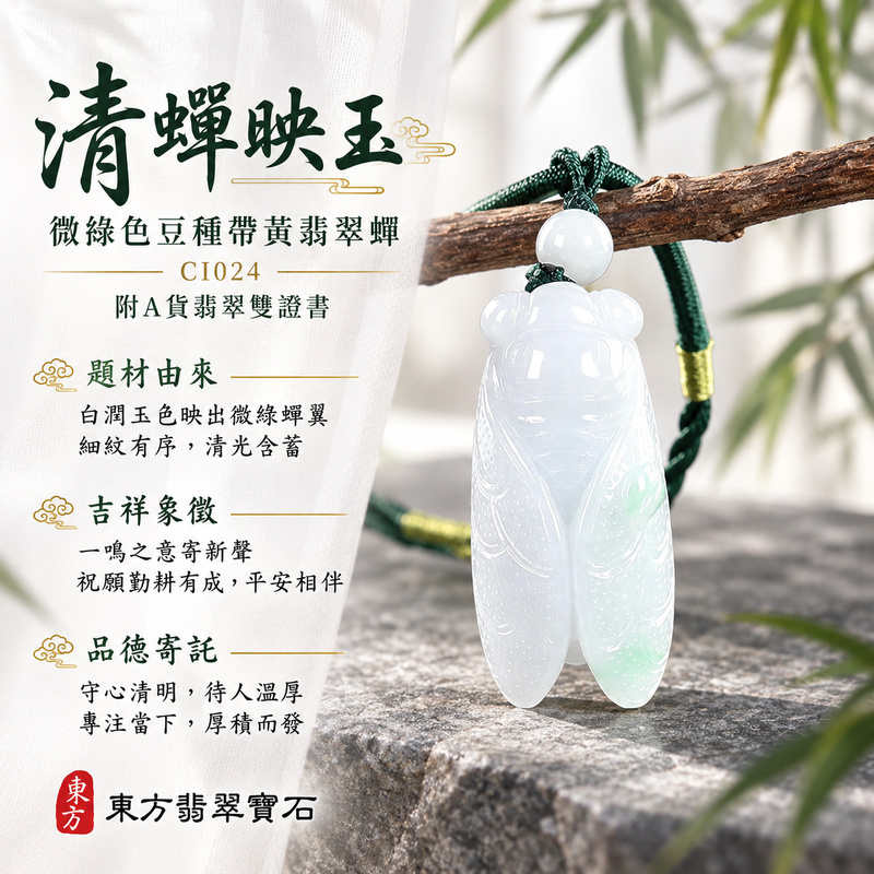 翡翠蟬項鍊玉珮｜一鳴驚人・清雅自勵・前程順遂｜天然A貨翡翠・緬甸玉・豆種・綠色・黃翡翠・帶黃翡｜腰纏萬貫｜蟬玉珮・蟬玉墜・蟬吊墜・蟬項鍊｜CI024｜客製化訂做蟬玉珮、蟬玉墜、蟬吊墜、蟬項鍊｜附A貨翡翠雙證書