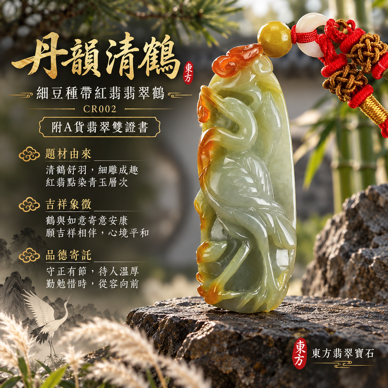 已售出可訂做｜翡翠鶴項鍊玉珮｜仙鶴呈祥・高雅長久・平安安泰｜天然A貨翡翠・緬甸玉・細豆種・紅翡・帶紅翡｜鶴、吉祥如意｜鶴玉珮・鶴玉墜・鶴吊墜・鶴項鍊｜CR002｜客製化訂做鶴玉珮、鶴玉墜、鶴吊墜、鶴項鍊｜附A貨翡翠雙證書