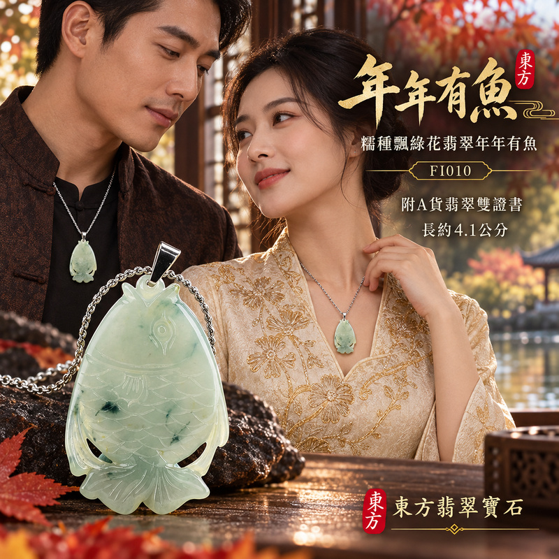 翡翠魚項鍊玉珮｜年年有餘・富足圓滿・吉祥順遂｜天然A貨翡翠・緬甸玉・糯種・飄綠花｜年年有魚｜魚玉珮・魚玉墜・魚吊墜・魚項鍊｜FI010｜客製化訂做魚玉珮、魚玉墜、魚吊墜、魚項鍊｜附A貨翡翠雙證書