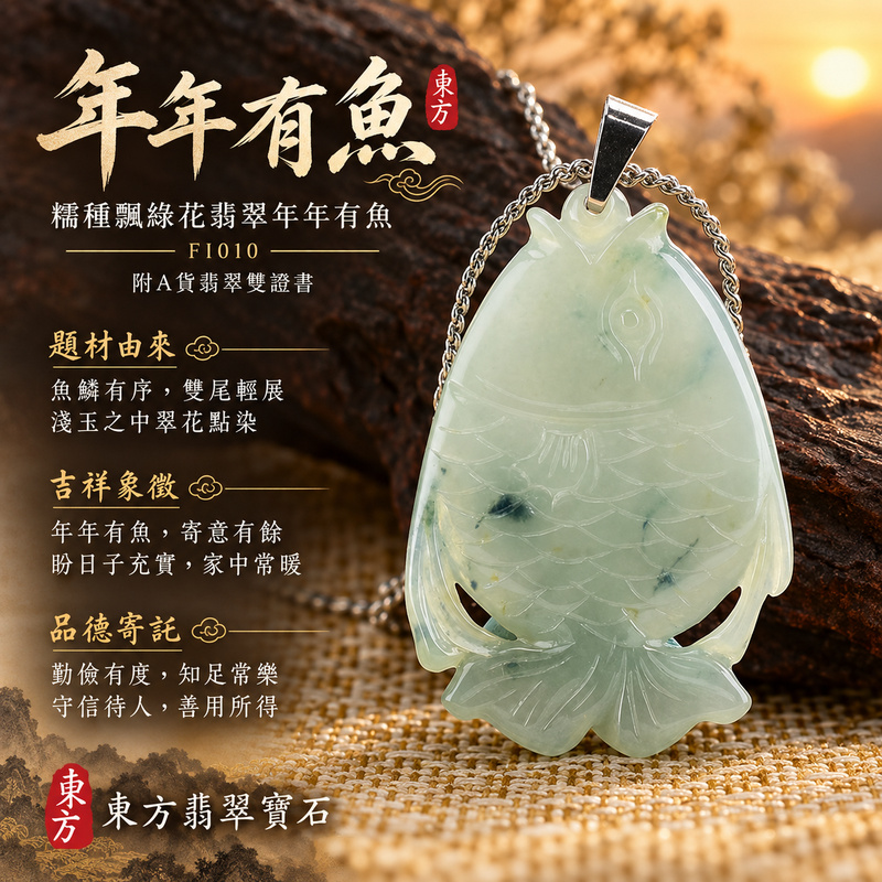 翡翠魚項鍊玉珮｜年年有餘・富足圓滿・吉祥順遂｜天然A貨翡翠・緬甸玉・糯種・飄綠花｜年年有魚｜魚玉珮・魚玉墜・魚吊墜・魚項鍊｜FI010｜客製化訂做魚玉珮、魚玉墜、魚吊墜、魚項鍊｜附A貨翡翠雙證書