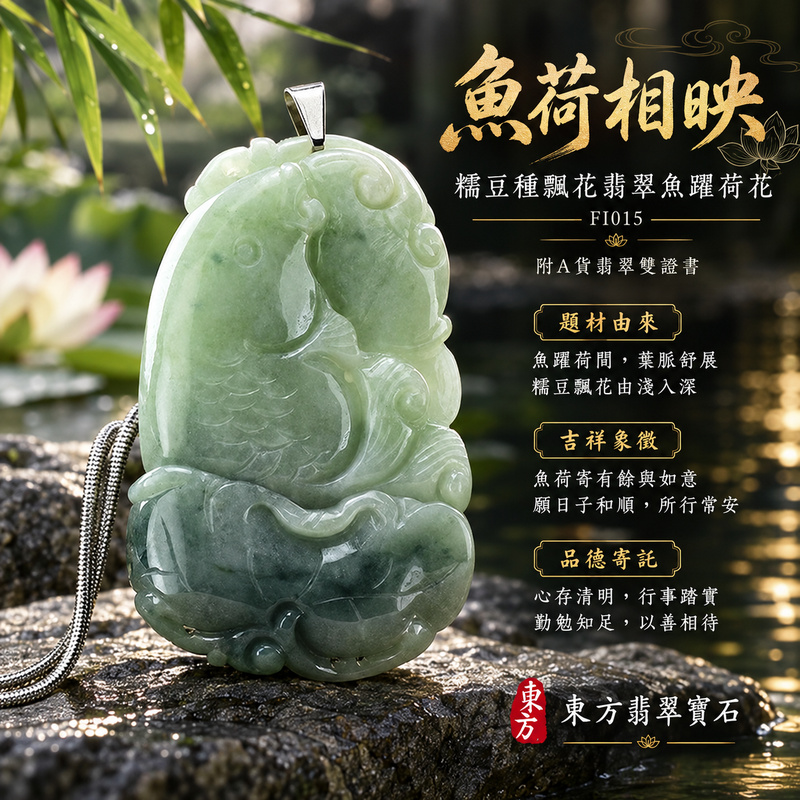 翡翠魚項鍊玉珮｜年年有餘・富足圓滿・吉祥順遂｜天然A貨翡翠・緬甸玉・糯豆種・飄綠花｜魚躍荷花、招財如意魚｜魚玉珮・魚玉墜・魚吊墜・魚項鍊｜FI015｜客製化訂做魚玉珮、魚玉墜、魚吊墜、魚項鍊｜附A貨翡翠雙證書