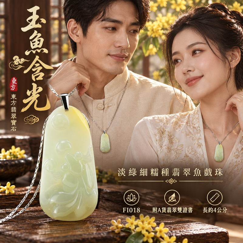 翡翠魚項鍊玉珮｜年年有餘・富足圓滿・吉祥順遂｜天然A貨翡翠・緬甸玉・細糯種・淡綠・黃色｜招財魚戲珠｜魚玉珮・魚玉墜・魚吊墜・魚項鍊｜FI018｜客製化訂做魚玉珮、魚玉墜、魚吊墜、魚項鍊｜附A貨翡翠雙證書