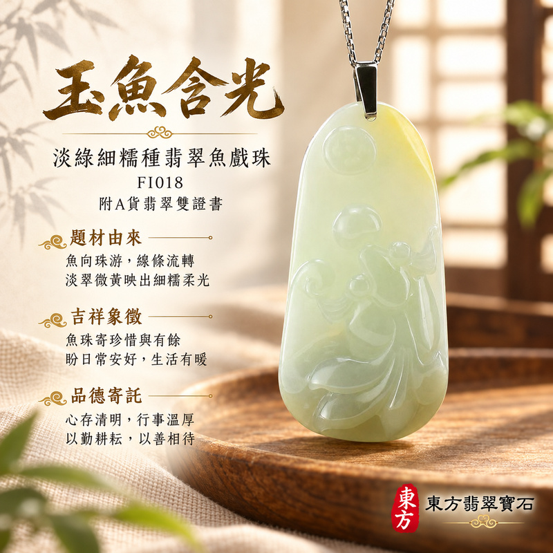翡翠魚項鍊玉珮｜年年有餘・富足圓滿・吉祥順遂｜天然A貨翡翠・緬甸玉・細糯種・淡綠・黃色｜招財魚戲珠｜魚玉珮・魚玉墜・魚吊墜・魚項鍊｜FI018｜客製化訂做魚玉珮、魚玉墜、魚吊墜、魚項鍊｜附A貨翡翠雙證書