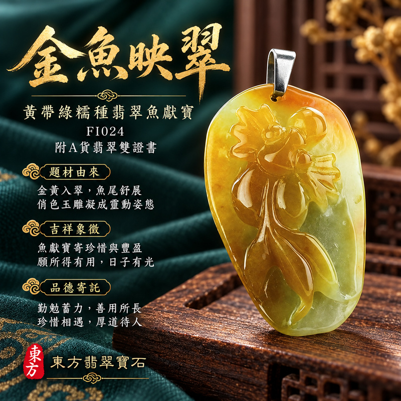 翡翠魚項鍊玉珮｜年年有餘・富足圓滿・吉祥順遂｜天然A貨翡翠・緬甸玉・糯種｜魚吐珠、魚獻寶｜魚玉珮・魚玉墜・魚吊墜・魚項鍊｜FI024｜客製化訂做魚玉珮、魚玉墜、魚吊墜、魚項鍊｜附A貨翡翠雙證書