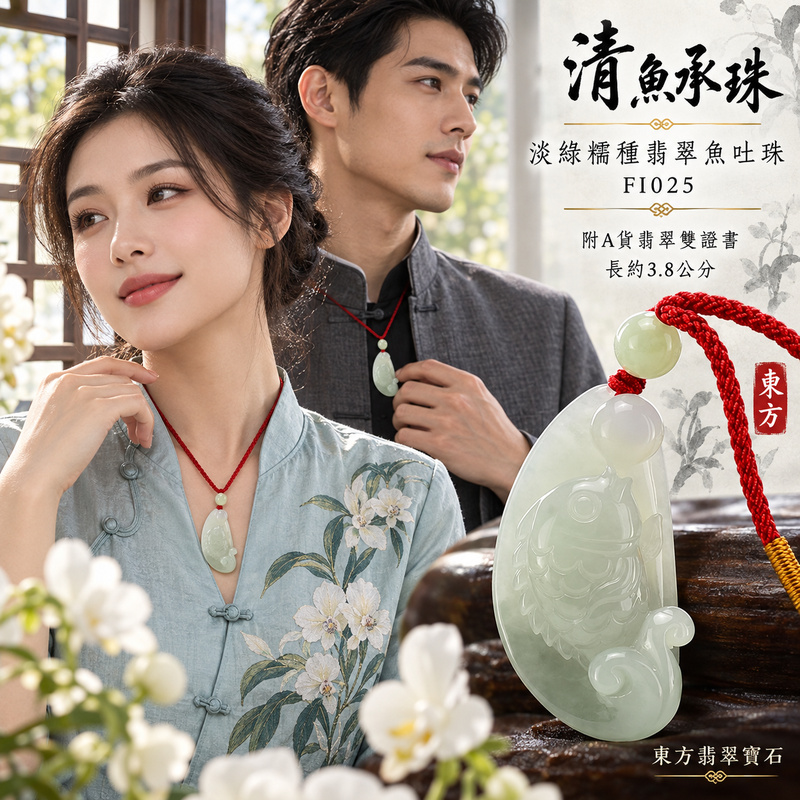 翡翠魚項鍊玉珮｜年年有餘・富足圓滿・吉祥順遂｜天然A貨翡翠・緬甸玉・糯種・淡綠｜魚吐珠、魚獻寶｜魚玉珮・魚玉墜・魚吊墜・魚項鍊｜FI025｜客製化訂做魚玉珮、魚玉墜、魚吊墜、魚項鍊｜附A貨翡翠雙證書