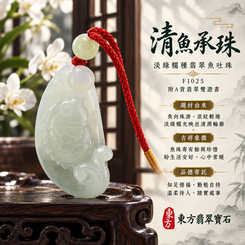 翡翠魚項鍊玉珮｜年年有餘・富足圓滿・吉祥順遂｜天然A貨翡翠・緬甸玉・糯種・淡綠｜魚吐珠、魚獻寶｜魚玉珮・魚玉墜・魚吊墜・魚項鍊｜FI025｜客製化訂做魚玉珮、魚玉墜、魚吊墜、魚項鍊｜附A貨翡翠雙證書