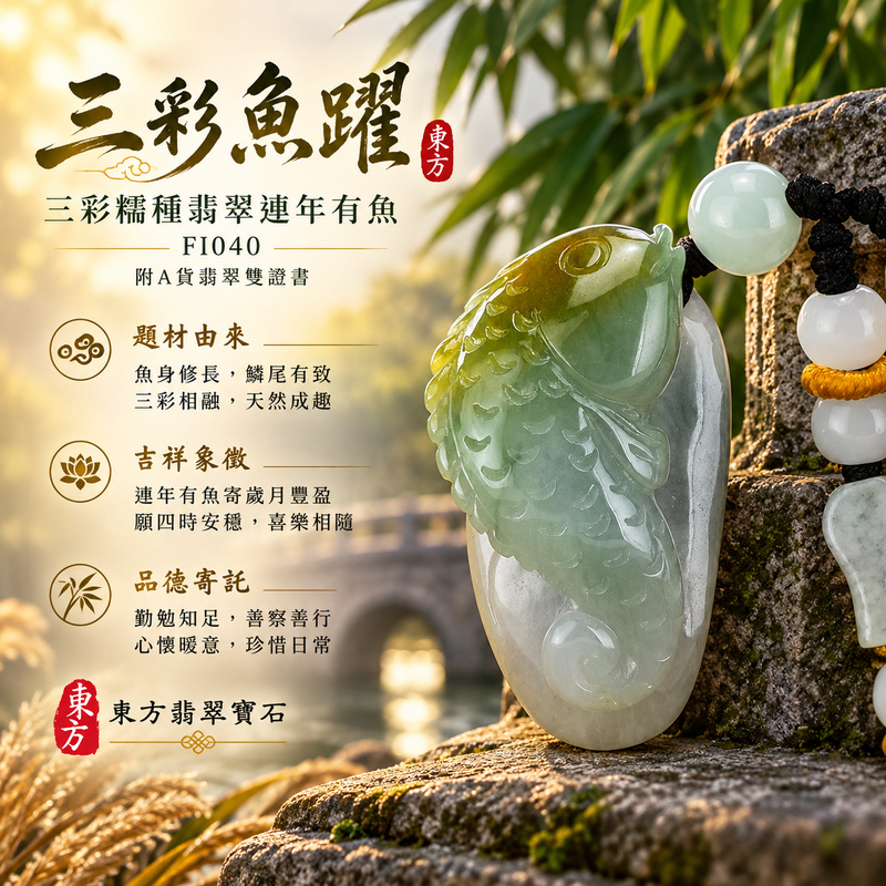 已售出可訂做｜翡翠魚項鍊玉珮｜年年有餘・富足圓滿・吉祥順遂｜天然A貨翡翠・緬甸玉・糯種・三彩｜連年有魚｜魚玉珮・魚玉墜・魚吊墜・魚項鍊｜FI040｜客製化訂做魚玉珮、魚玉墜、魚吊墜、魚項鍊｜附A貨翡翠雙證書