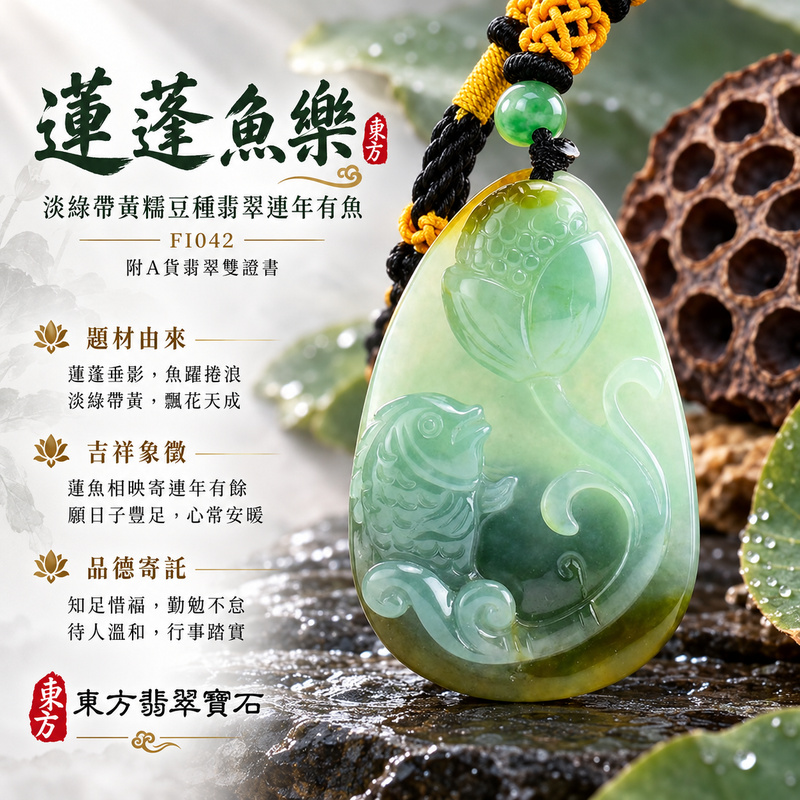 已售出可訂做｜翡翠魚項鍊玉珮｜年年有餘・富足圓滿・吉祥順遂｜天然A貨翡翠・緬甸玉・糯豆種・淡綠・黃色｜連年有魚｜魚玉珮・魚玉墜・魚吊墜・魚項鍊｜FI042｜客製化訂做魚玉珮、魚玉墜、魚吊墜、魚項鍊｜附A貨翡翠雙證書