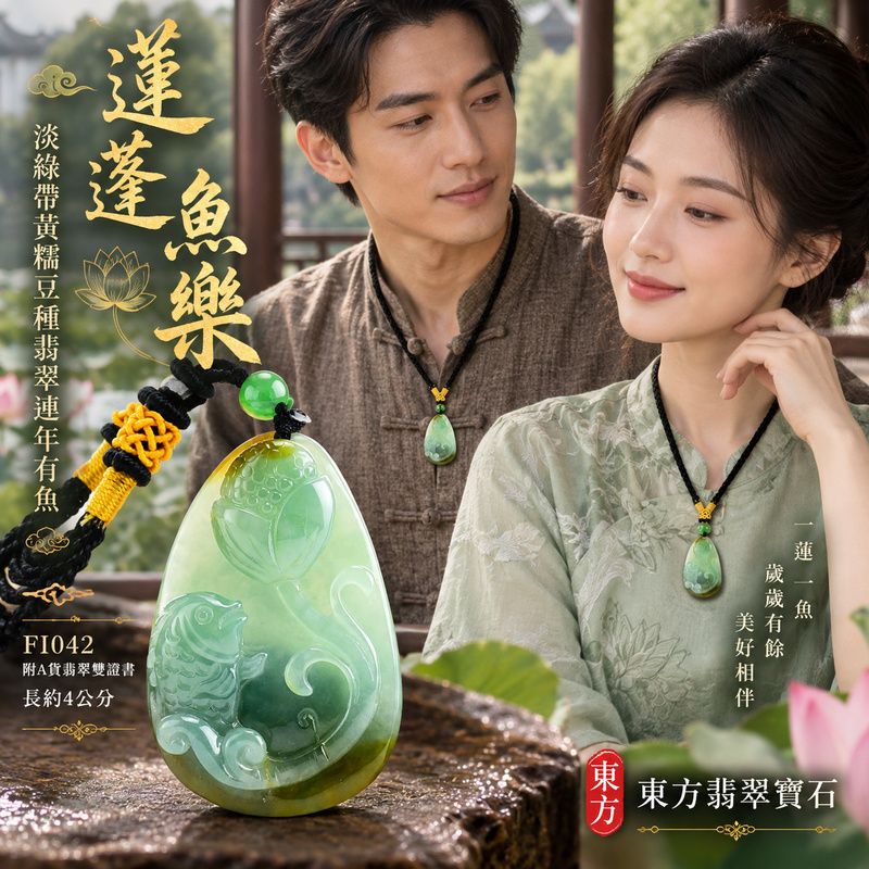 已售出可訂做｜翡翠魚項鍊玉珮｜年年有餘・富足圓滿・吉祥順遂｜天然A貨翡翠・緬甸玉・糯豆種・淡綠・黃色｜連年有魚｜魚玉珮・魚玉墜・魚吊墜・魚項鍊｜FI042｜客製化訂做魚玉珮、魚玉墜、魚吊墜、魚項鍊｜附A貨翡翠雙證書