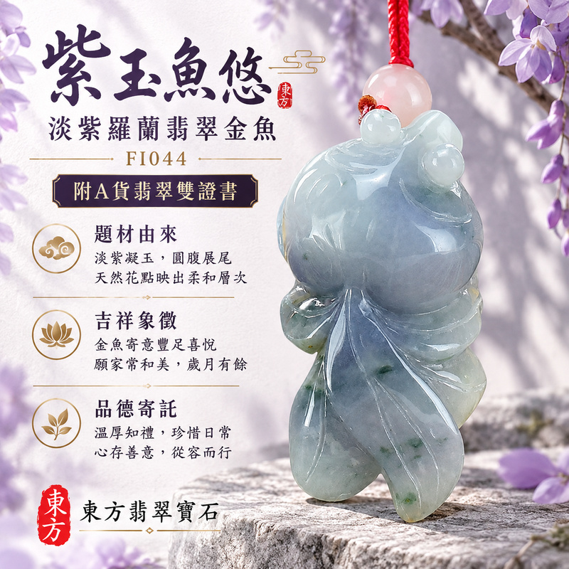 已售出可訂做｜翡翠魚項鍊玉珮｜年年有餘・富足圓滿・吉祥順遂｜天然A貨翡翠・緬甸玉・紫羅蘭｜金魚、金玉滿堂｜魚玉珮・魚玉墜・魚吊墜・魚項鍊｜FI044｜客製化訂做魚玉珮、魚玉墜、魚吊墜、魚項鍊｜附A貨翡翠雙證書