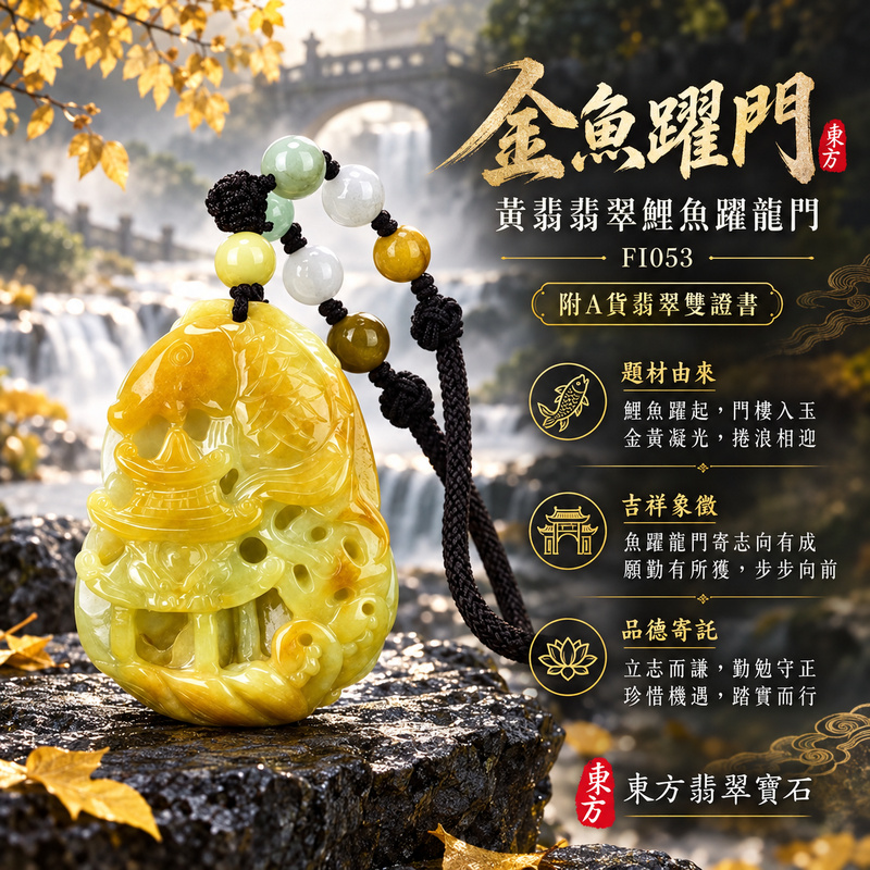 已售出可訂做｜翡翠魚項鍊玉珮｜年年有餘・富足圓滿・吉祥順遂｜天然A貨翡翠・緬甸玉・黃翡｜鯉魚躍龍門｜魚玉珮・魚玉墜・魚吊墜・魚項鍊｜FI053｜客製化訂做魚玉珮、魚玉墜、魚吊墜、魚項鍊｜附A貨翡翠雙證書