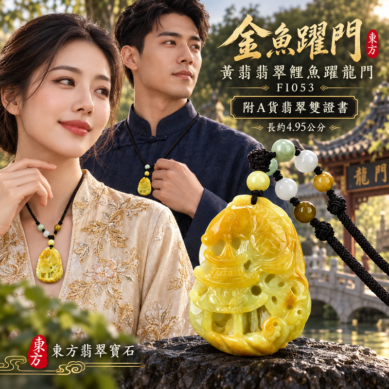 已售出可訂做｜翡翠魚項鍊玉珮｜年年有餘・富足圓滿・吉祥順遂｜天然A貨翡翠・緬甸玉・黃翡｜鯉魚躍龍門｜魚玉珮・魚玉墜・魚吊墜・魚項鍊｜FI053｜客製化訂做魚玉珮、魚玉墜、魚吊墜、魚項鍊｜附A貨翡翠雙證書