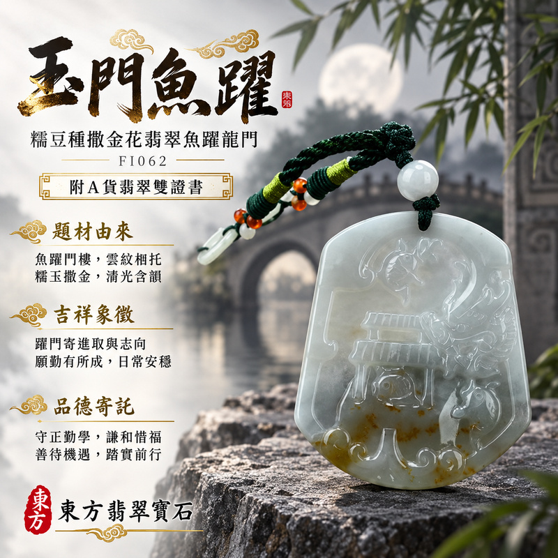 翡翠魚項鍊玉珮｜年年有餘・富足圓滿・吉祥順遂｜天然A貨翡翠・緬甸玉・糯豆種｜魚躍龍門｜魚玉珮・魚玉墜・魚吊墜・魚項鍊｜FI062｜客製化訂做魚玉珮、魚玉墜、魚吊墜、魚項鍊｜附A貨翡翠雙證書