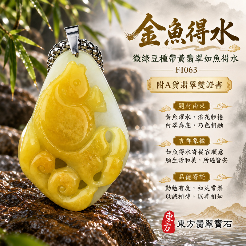 翡翠魚項鍊玉珮｜年年有餘・富足圓滿・吉祥順遂｜天然A貨翡翠・緬甸玉・豆種・綠色・黃翡翠・帶黃翡｜如魚得水｜魚玉珮・魚玉墜・魚吊墜・魚項鍊｜FI063｜客製化訂做魚玉珮、魚玉墜、魚吊墜、魚項鍊｜附A貨翡翠雙證書