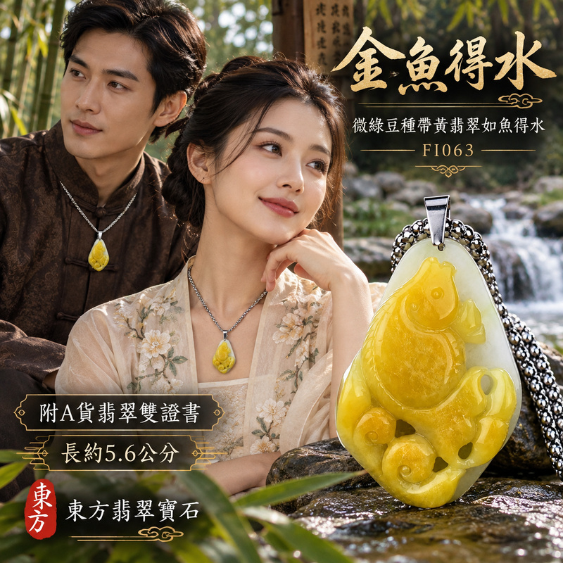 翡翠魚項鍊玉珮｜年年有餘・富足圓滿・吉祥順遂｜天然A貨翡翠・緬甸玉・豆種・綠色・黃翡翠・帶黃翡｜如魚得水｜魚玉珮・魚玉墜・魚吊墜・魚項鍊｜FI063｜客製化訂做魚玉珮、魚玉墜、魚吊墜、魚項鍊｜附A貨翡翠雙證書