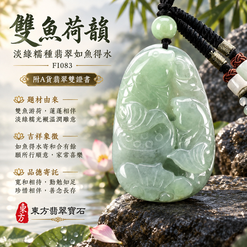 已售出可訂做｜翡翠魚項鍊玉珮｜年年有餘・富足圓滿・吉祥順遂｜天然A貨翡翠・緬甸玉・糯種・淡綠色｜如魚得水｜魚玉珮・魚玉墜・魚吊墜・魚項鍊｜FI083｜客製化訂做魚玉珮、魚玉墜、魚吊墜、魚項鍊｜附A貨翡翠雙證書