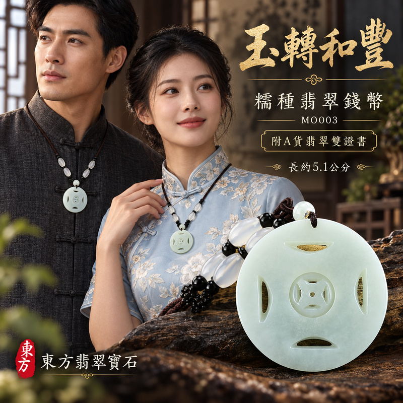 翡翠錢幣項鍊玉珮｜財源廣進・招財納福・事業順遂｜天然A貨翡翠・緬甸玉・糯種｜財源滾滾，錢幣可轉動，錢滾錢｜錢幣玉珮・錢幣玉墜・錢幣吊墜・錢幣項鍊｜MO003｜客製化訂做錢幣玉珮、錢幣玉墜、錢幣吊墜、錢幣項鍊｜附A貨翡翠雙證書