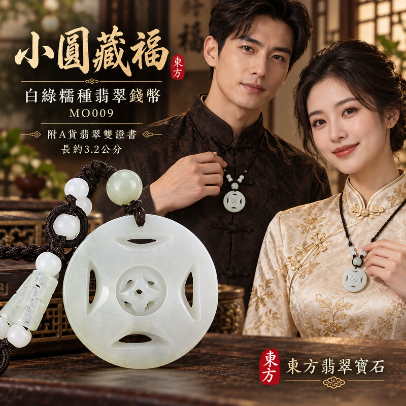 翡翠錢幣項鍊玉珮｜財源廣進・招財納福・事業順遂｜天然A貨翡翠・緬甸玉・糯種・白綠｜財源滾滾，錢幣可轉動，錢滾錢｜錢幣玉珮・錢幣玉墜・錢幣吊墜・錢幣項鍊｜MO009｜客製化訂做錢幣玉珮、錢幣玉墜、錢幣吊墜、錢幣項鍊｜附A貨翡翠雙證書