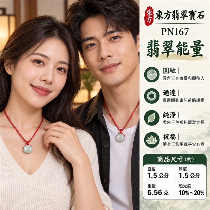 翡翠路路通項鍊玉珮｜路路暢通、行事圓融、平安順遂、事事圓滿、財路通達的傳統吉祥祝福｜緬甸A貨翡翠、白翡翠玉色、柔白帶淡灰、圓角短筒、素面光澤、側孔貫通、紅色編繩｜緬甸A貨白翡翠，素面玉身帶細微灰色雲霧感且造型圓潤｜東方翡翠寶石商品編號PN167，可洽詢客製路路通吊墜項鍊｜附中國玉石鑑定所及東方翡翠寶石雙證書，鑑定編號896GA217068 2