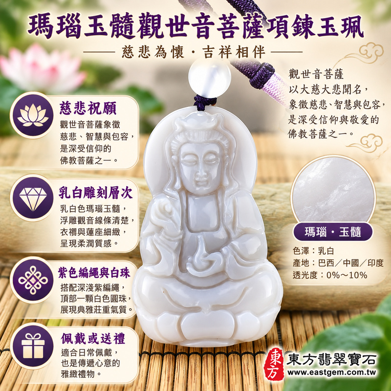 （已出售勿下標，可訂做）｜乳白瑪瑙玉髓觀世音菩薩項鍊玉珮・觀音玉墜・觀音吊墜・佛教雕刻飾品｜慈悲守護・平安祝願・自在從容・善念相伴｜巴西中國印度產｜GY812｜可客製化訂做｜附東方翡翠寶石保證卡1