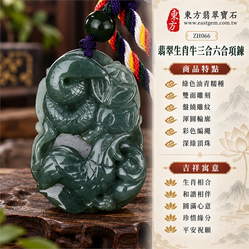 翡翠生肖牛三合六合貴人項鍊玉珮 蛇雞鼠生肖題材雙面雕刻吊墜|生肖相合、和諧相伴、圓滿心意、珍惜緣分、平安祝願|綠色油青糯種、雙面雕刻、盤繞雕紋、渾圓輪廓、彩色編繩、深綠頂珠|緬甸A貨翡翠生肖牛玉墜與十二生肖項鍊|ZH066|附A貨翡翠雙證書與東方翡翠寶石保證書 1 翡翠生肖牛三合六合貴人項鍊玉珮 蛇雞鼠生肖題材雙面雕刻吊墜|生肖相合、和諧相伴、圓滿心意、珍惜緣分、平安祝願|綠色油青糯種、雙面雕刻、盤繞雕紋、渾圓輪廓、彩色編繩、深綠頂珠|緬甸A貨翡翠生肖牛玉墜與十二生肖項鍊|ZH066|附A貨翡翠雙證書與東方翡翠寶石保證書 1