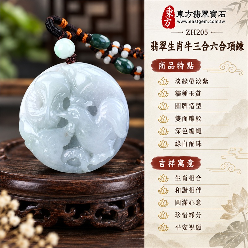 翡翠生肖牛三合六合貴人項鍊玉珮 蛇雞鼠生肖題材圓牌雕刻吊墜|生肖相合、和諧相伴、圓滿心意、珍惜緣分、平安祝願|淡綠帶淡紫、糯種玉質、圓牌造型、雙面雕紋、深色編繩、綠白配珠|緬甸A貨翡翠生肖牛玉墜與十二生肖圓牌項鍊|ZH205|附A貨翡翠雙證書與商品對應編號 1 翡翠生肖牛三合六合貴人項鍊玉珮 蛇雞鼠生肖題材圓牌雕刻吊墜|生肖相合、和諧相伴、圓滿心意、珍惜緣分、平安祝願|淡綠帶淡紫、糯種玉質、圓牌造型、雙面雕紋、深色編繩、綠白配珠|緬甸A貨翡翠生肖牛玉墜與十二生肖圓牌項鍊|ZH205|附A貨翡翠雙證書與商品對應編號 1