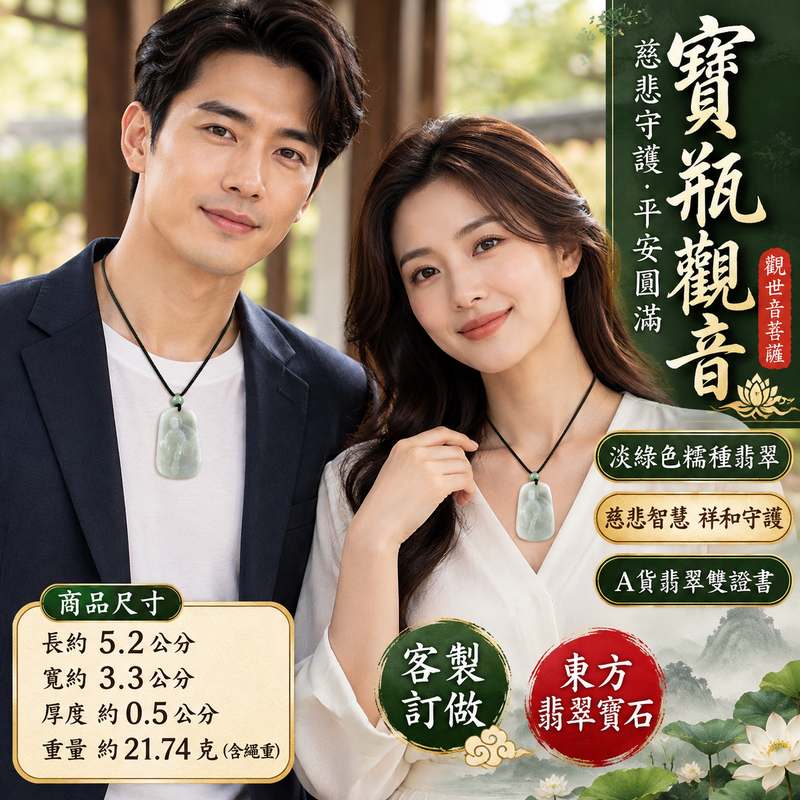 淡綠色糯種寶瓶觀音觀世音菩薩玉珮 I 慈悲守護平安圓滿吉祥寓意與寶瓶清淨祝福象徵 I GY1462緬甸A貨翡翠觀音玉珮 I 淡雅綠色糯種質感與傳統東方玉文化收藏意涵 I 適合日常佩戴祝福送禮珍藏傳遞慈悲智慧祥和心意 I 觀世音菩薩玉珮附雙證書與中國玉石鑑定所證書及東方翡翠寶石保證書2