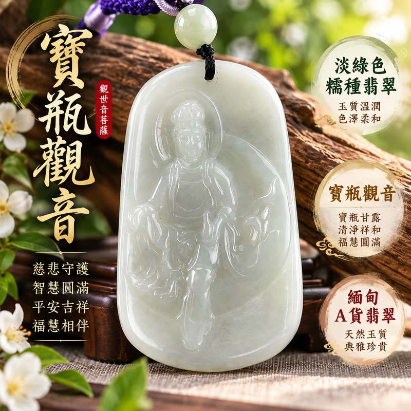 淡綠色糯種寶瓶觀音觀世音菩薩玉珮 I 寶瓶慈悲法相寓意平安守護智慧圓滿吉祥祝福 I 東方翡翠寶石GY1465典雅玉質溫潤柔和適合日常佩戴收藏送禮 I 緬甸A貨翡翠觀世音菩薩玉珮附雙證書 I 寶瓶觀音慈悲護佑文化意涵傳統玉石吉祥飾品1
