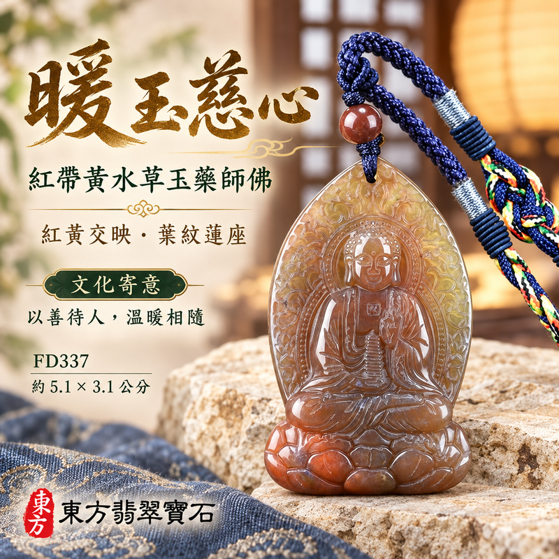 水草玉藥師佛項鍊玉珮｜光明安定・慈悲關懷・善願精進・平安吉祥｜紅帶黃水草玉藥師佛｜藥師如來｜藥師佛玉珮・藥師佛玉墜・藥師佛吊墜・藥師佛項鍊｜FD337｜男女玉石項鍊・送禮收藏｜客製化訂做藥師佛玉珮、藥師佛玉墜、藥師佛吊墜、藥師佛項鍊｜附東方翡翠寶石保證卡・東方翡翠寶石