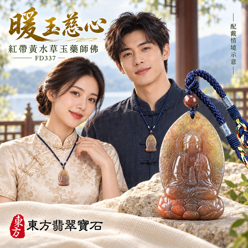 水草玉藥師佛項鍊玉珮｜光明安定・慈悲關懷・善願精進・平安吉祥｜紅帶黃水草玉藥師佛｜藥師如來｜藥師佛玉珮・藥師佛玉墜・藥師佛吊墜・藥師佛項鍊｜FD337｜男女玉石項鍊・送禮收藏｜客製化訂做藥師佛玉珮、藥師佛玉墜、藥師佛吊墜、藥師佛項鍊｜附東方翡翠寶石保證卡・東方翡翠寶石